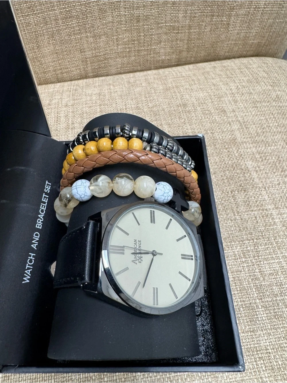 American Exchange Watch & Bracelet Set, Black Strap, Braided Cross, Wood